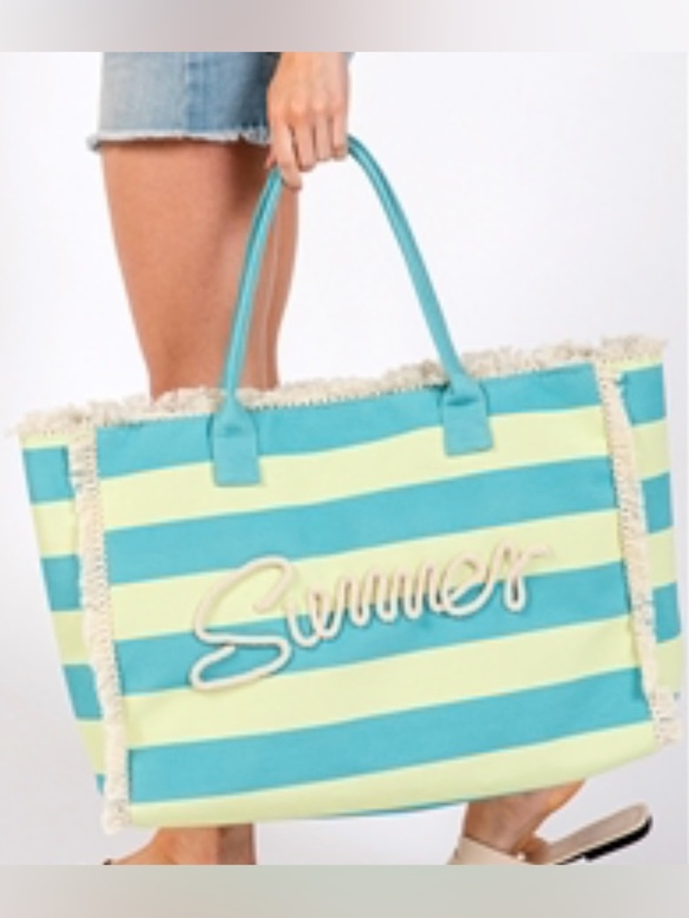 Striped 'Summer' Beach Tote Bag in Aqua and Light Yellow